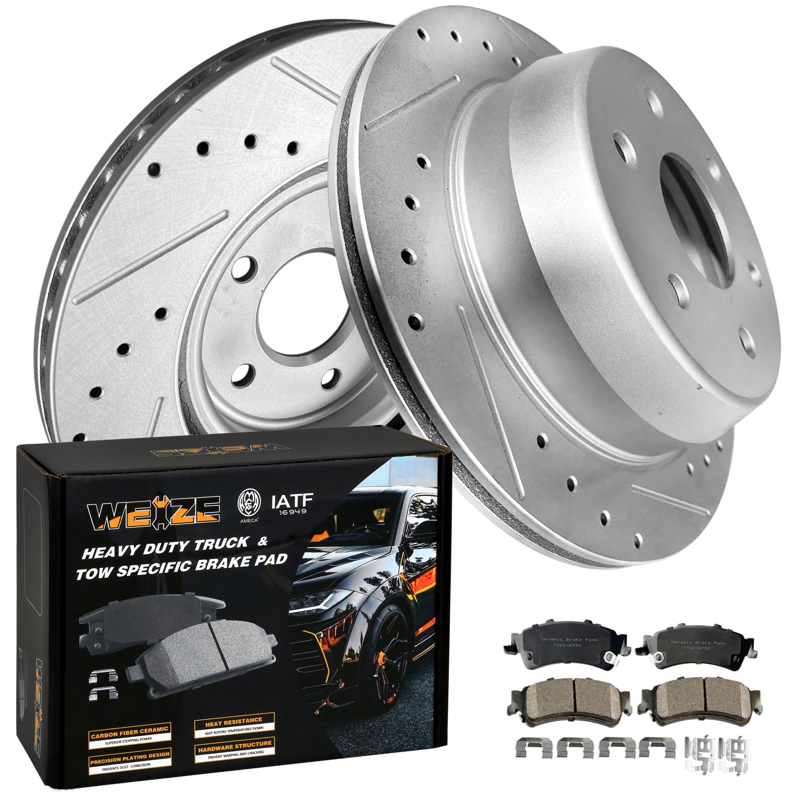WEIZE Front +Rear Truck & Tow Brake Kit, Carbon Fiber Ceramic Brake Pads & Drilled/Slotted Brake Rotors, Fit for Dodge Ram 1500 & Classic Durango Chrysler Aspen, 5 Lug