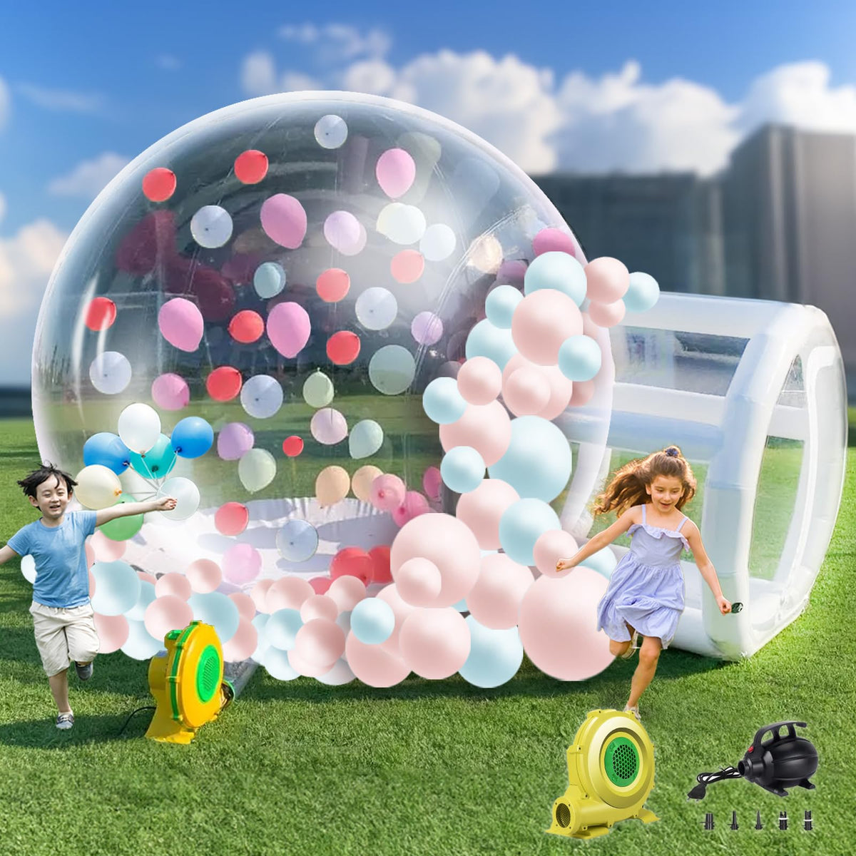 8,5FT aufblasbare Bubble-Hauskuppel für Kinder/Erwachsene, kommerzielles PVC-Bubble-Ballonzelt mit 4'L Tunnel, transparentes Outdoor-Spielplatz-Set für Garten, Geburtstag, Hochzeit, Gender Reveal