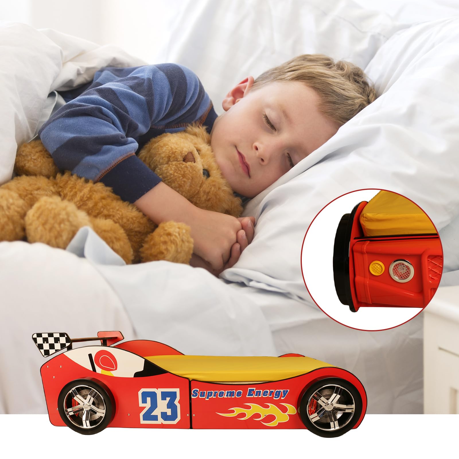 Lit voiture taille double LKTART pour enfants, cadre de lit plateforme en bois en forme de voiture de course avec tête de lit, roues et lattes de support pour garçons, tout-petits, chambre d'enfant (rouge)