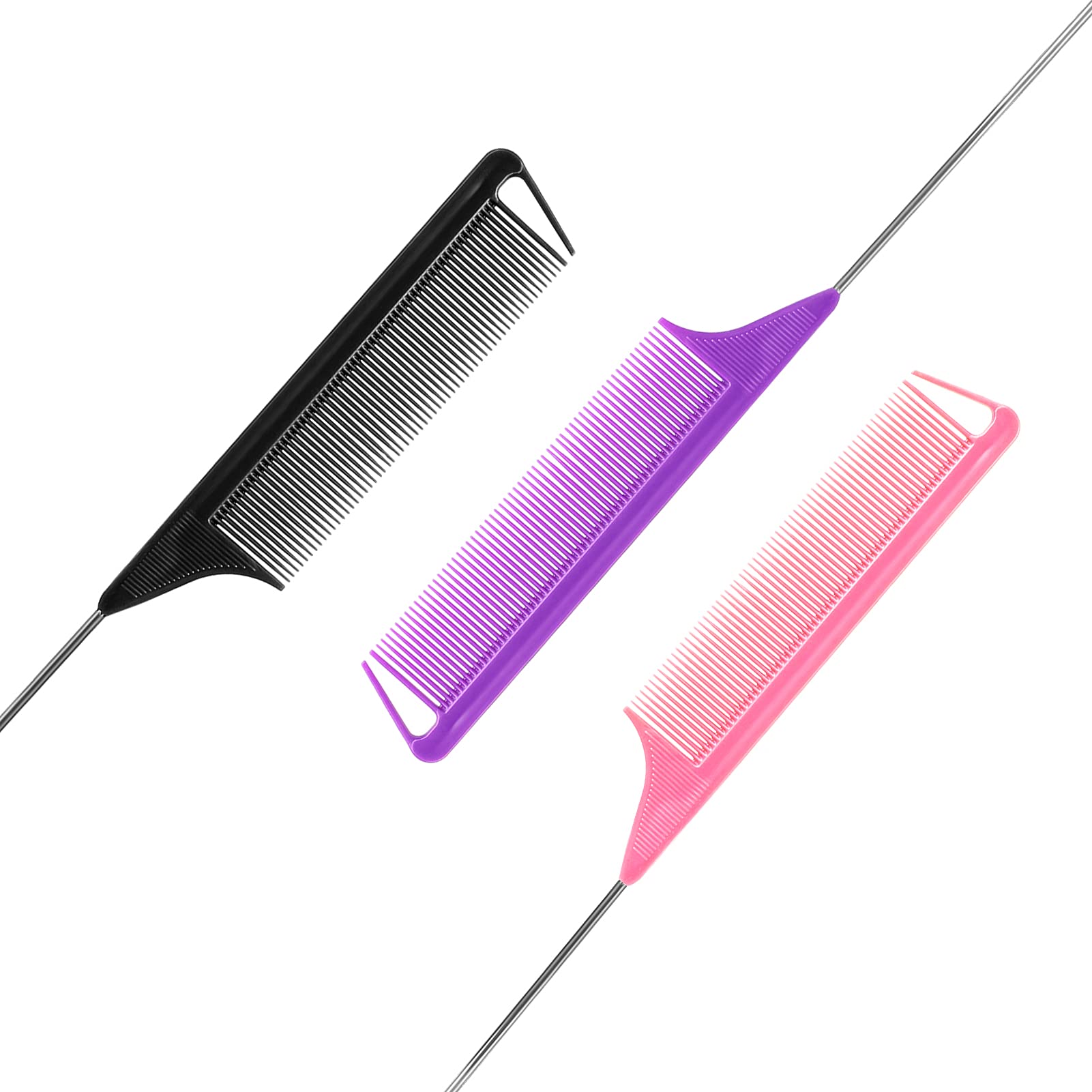 Ensemble de peignes à queue de rat : 3 pièces de peignes à pic en acier longs pour coiffeurs de salon, peignes métalliques pour raies pour femmes (violet, noir, rose)