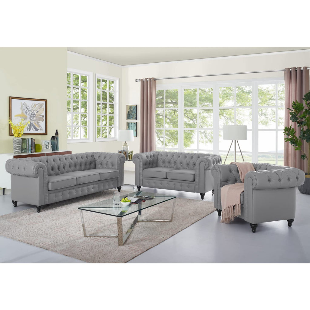 Emery Chesterfield 3 Piece Living Room Sectional Sofa Set Rolled Arms, Tufted Cushion Sofas for Living Room Set Includes Sofa, Loveseat Couch, Accent Arm Chair / Easy Tool-Free Assembly – Off White