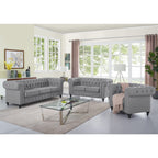 Emery Chesterfield 3 Piece Living Room Sectional Sofa Set Rolled Arms, Tufted Cushion Sofas for Living Room Set Includes Sofa, Loveseat Couch, Accent Arm Chair / Easy Tool-Free Assembly – Off White