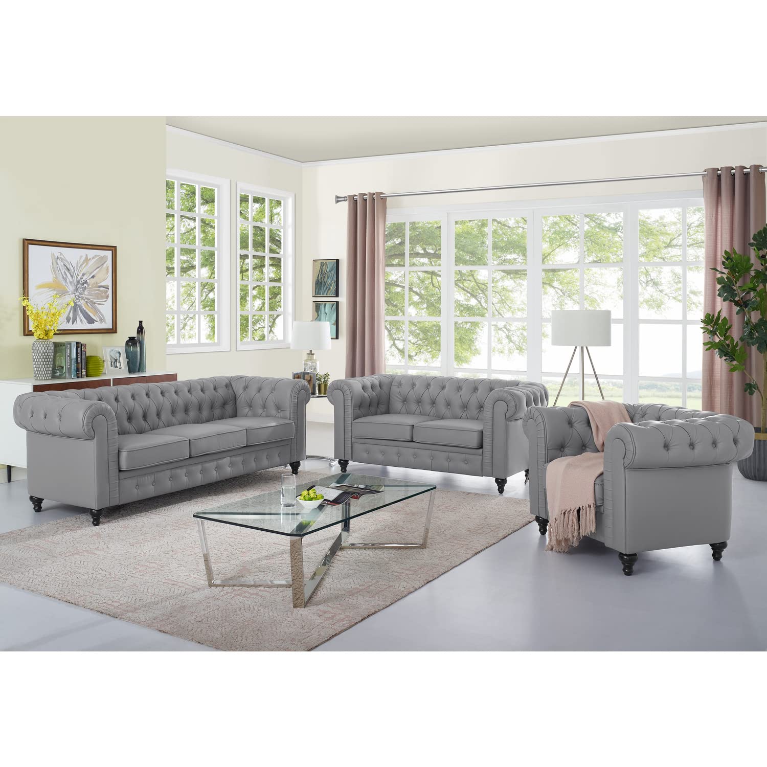 Emery Chesterfield 3 Piece Living Room Sectional Sofa Set Rolled Arms, Tufted Cushion Sofas for Living Room Set Includes Sofa, Loveseat Couch, Accent Arm Chair / Easy Tool-Free Assembly – Off White