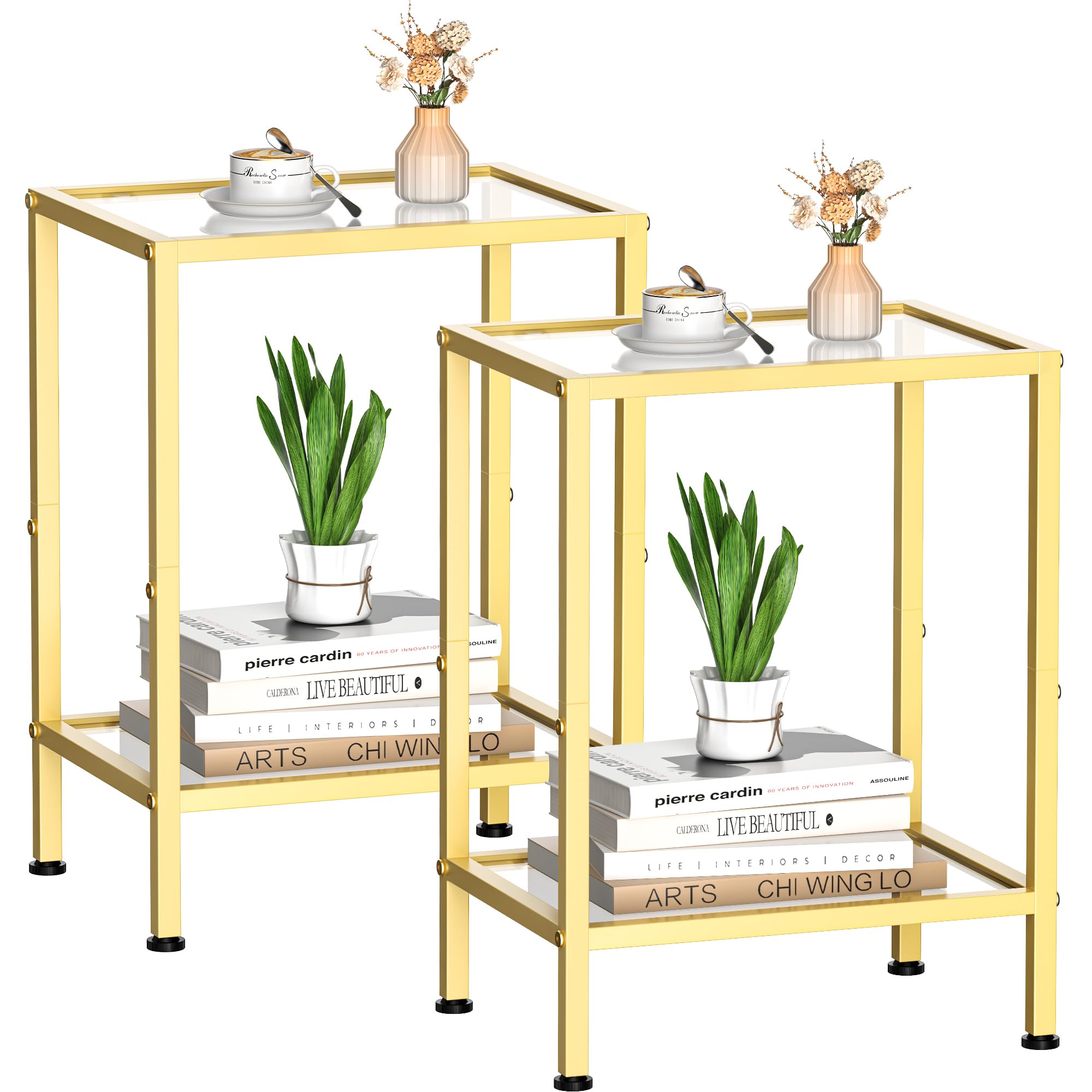 Gold Side Table, Tempered Glass End Table, 2-Tier Nightstands with Open Shelves, Small Coffee Table with Modern Style, Accent Table Small Table Sofa Table for Living Room, Bedroom