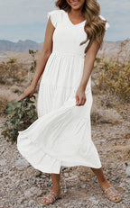 MEROKEETY Women's 2024 Summer Smocked V Neck Tiered Swing Long Midi Dress with Pockets, White, L