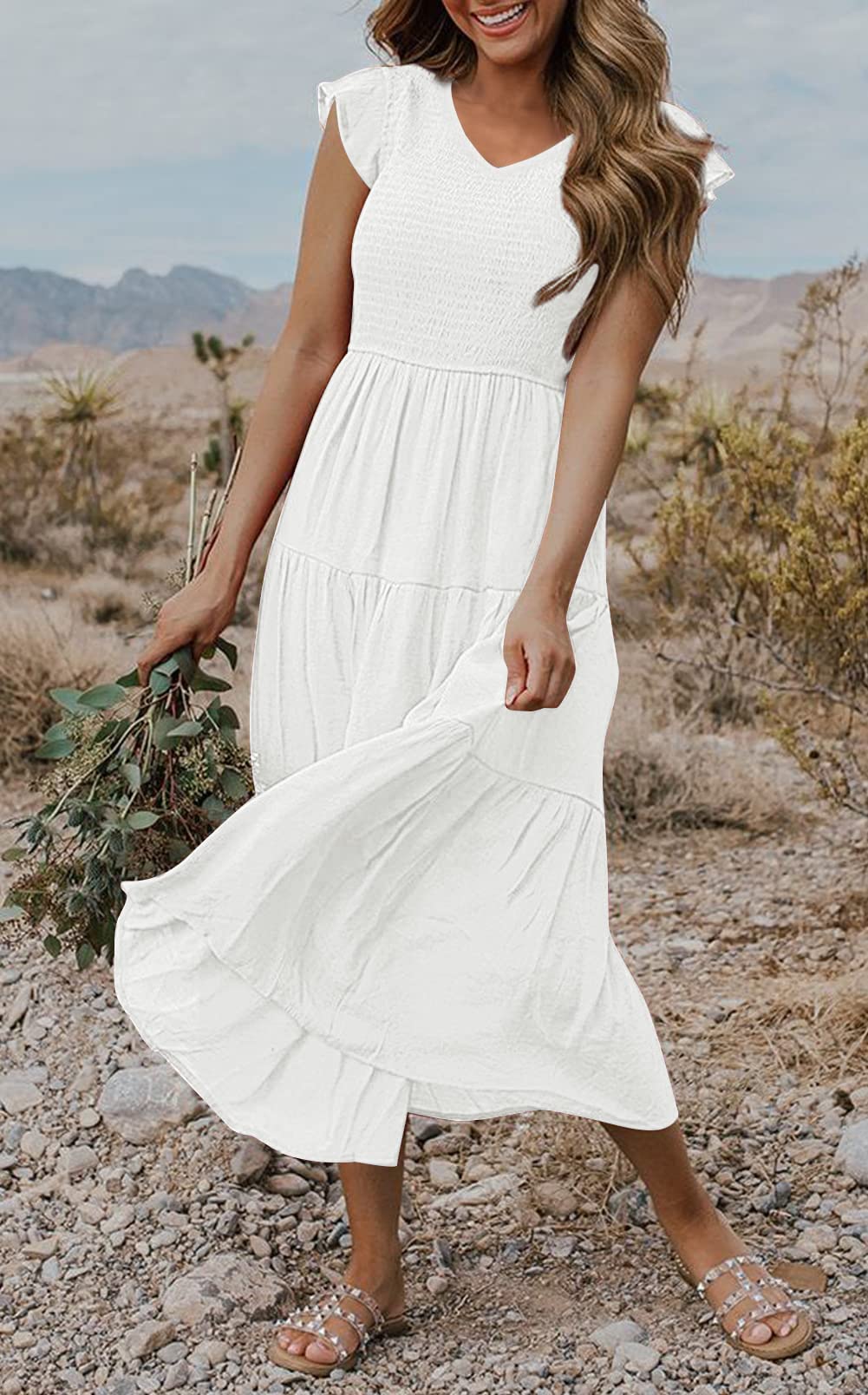 MEROKEETY Women's 2024 Summer Smocked V Neck Tiered Swing Long Midi Dress with Pockets, White, L