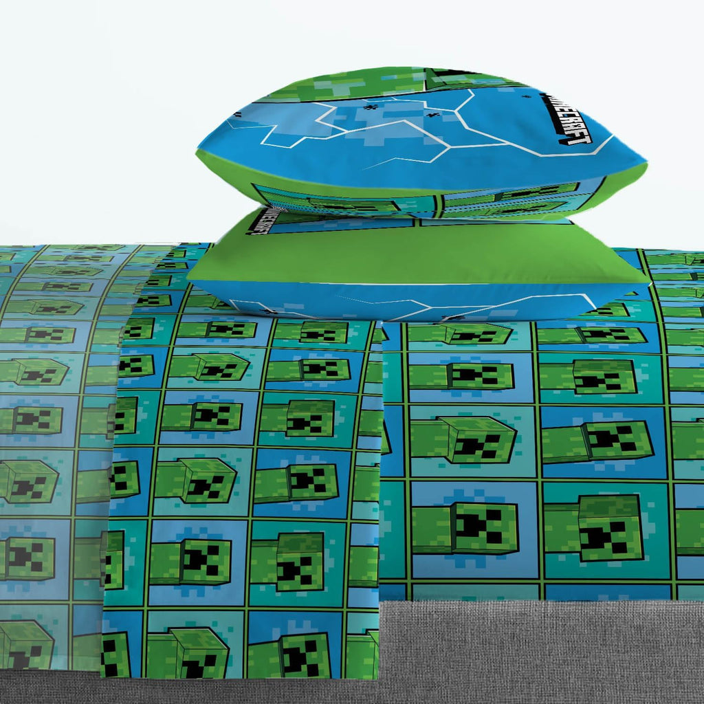 Jay Franco Kids Sheet Set with Fitted, Flat Sheets & Pillow Cover - Ultra-Soft Bedding with Pillowcase for Room Decor, Blue - Minecraft Creeper, 4 Piece Full