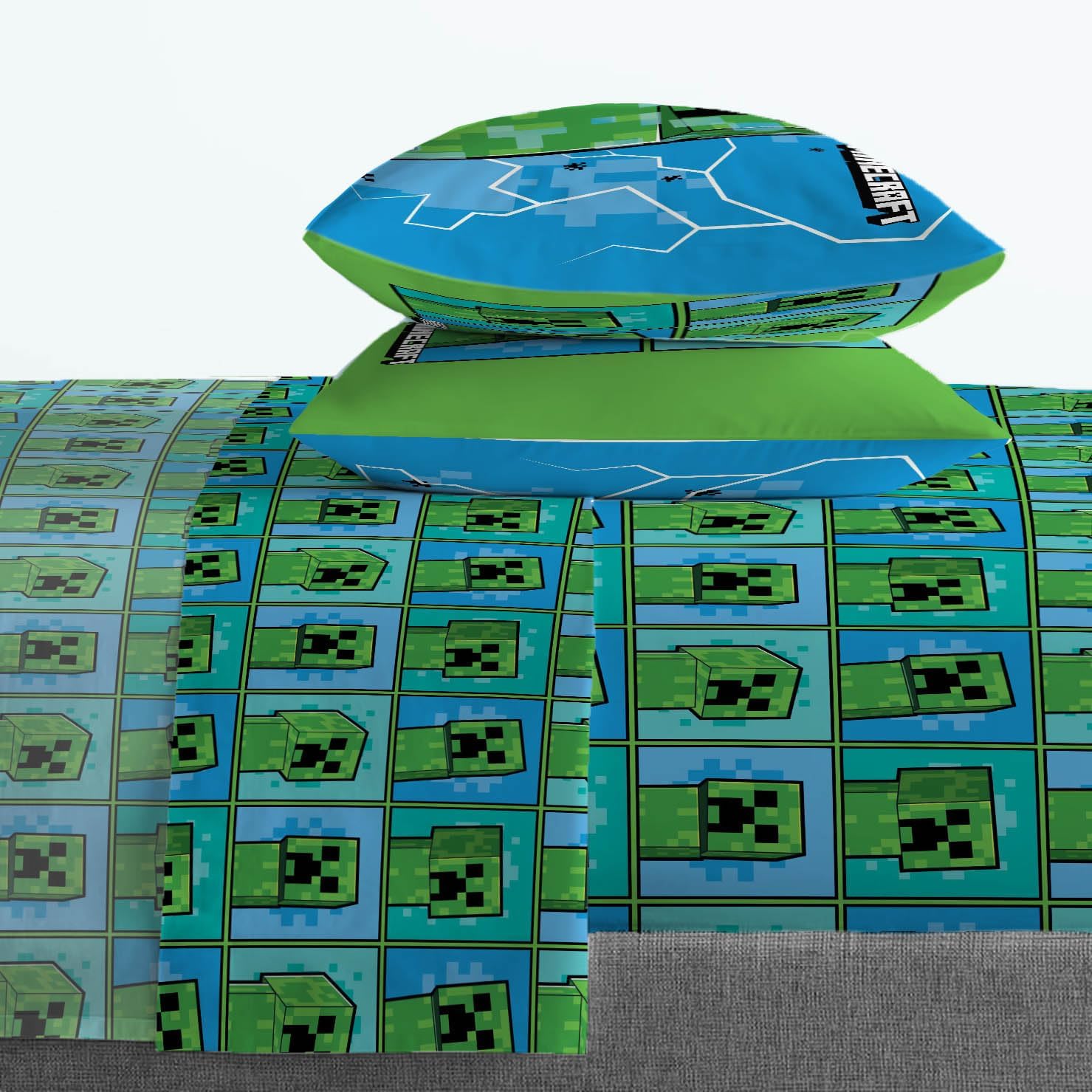 Jay Franco Kids Sheet Set with Fitted, Flat Sheets & Pillow Cover - Ultra-Soft Bedding with Pillowcase for Room Decor, Blue - Minecraft Creeper, 4 Piece Full