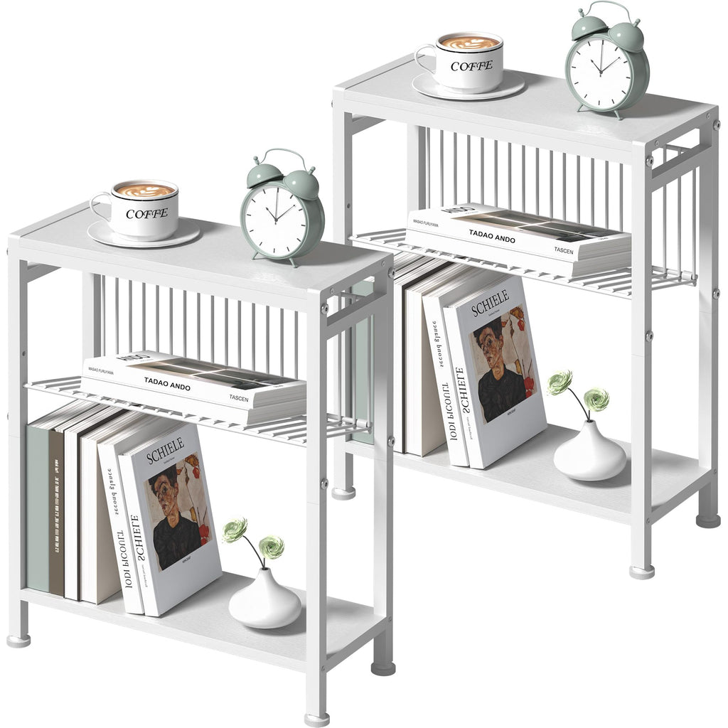 Small Side Table for Small Space, 3-Tier Narrow End Table with Magazine Holder,Slim Nightstand, Skinny Snack Couch Table in Living Room, Bedroom Study and Balcony (Rustic Brown &Black)