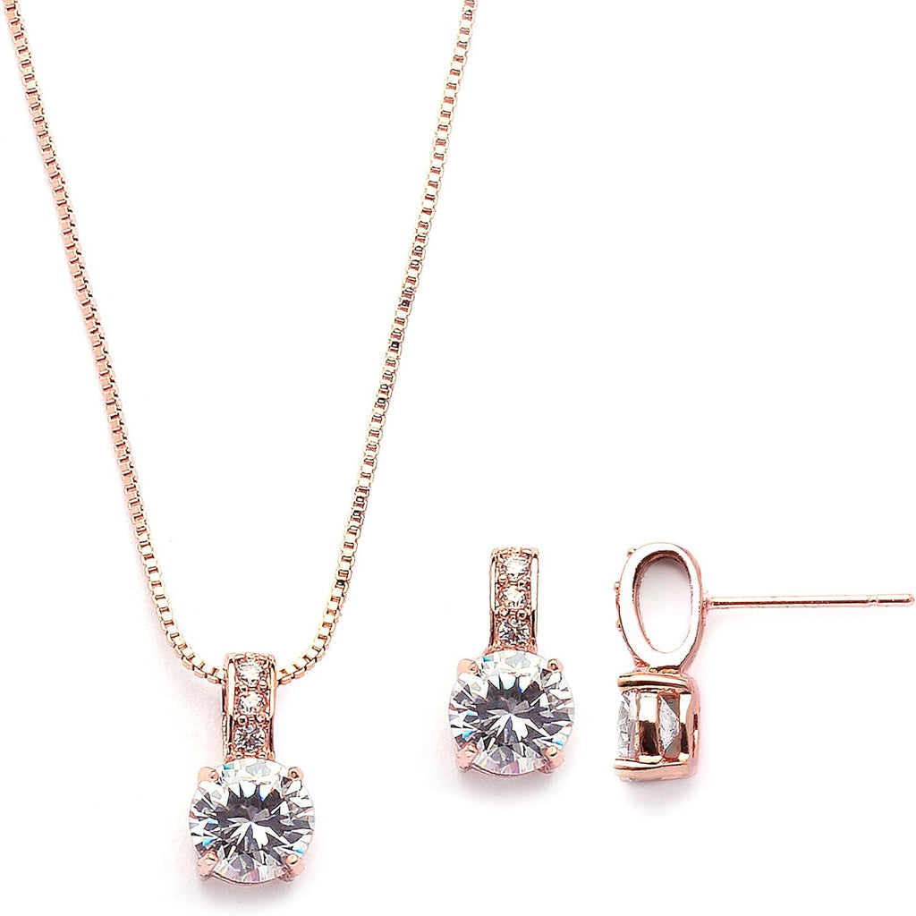 Mariell Rose Gold Round-Cut Cubic Zirconia Necklace Earrings Set for Brides, Bridesmaids & Everyday Wear