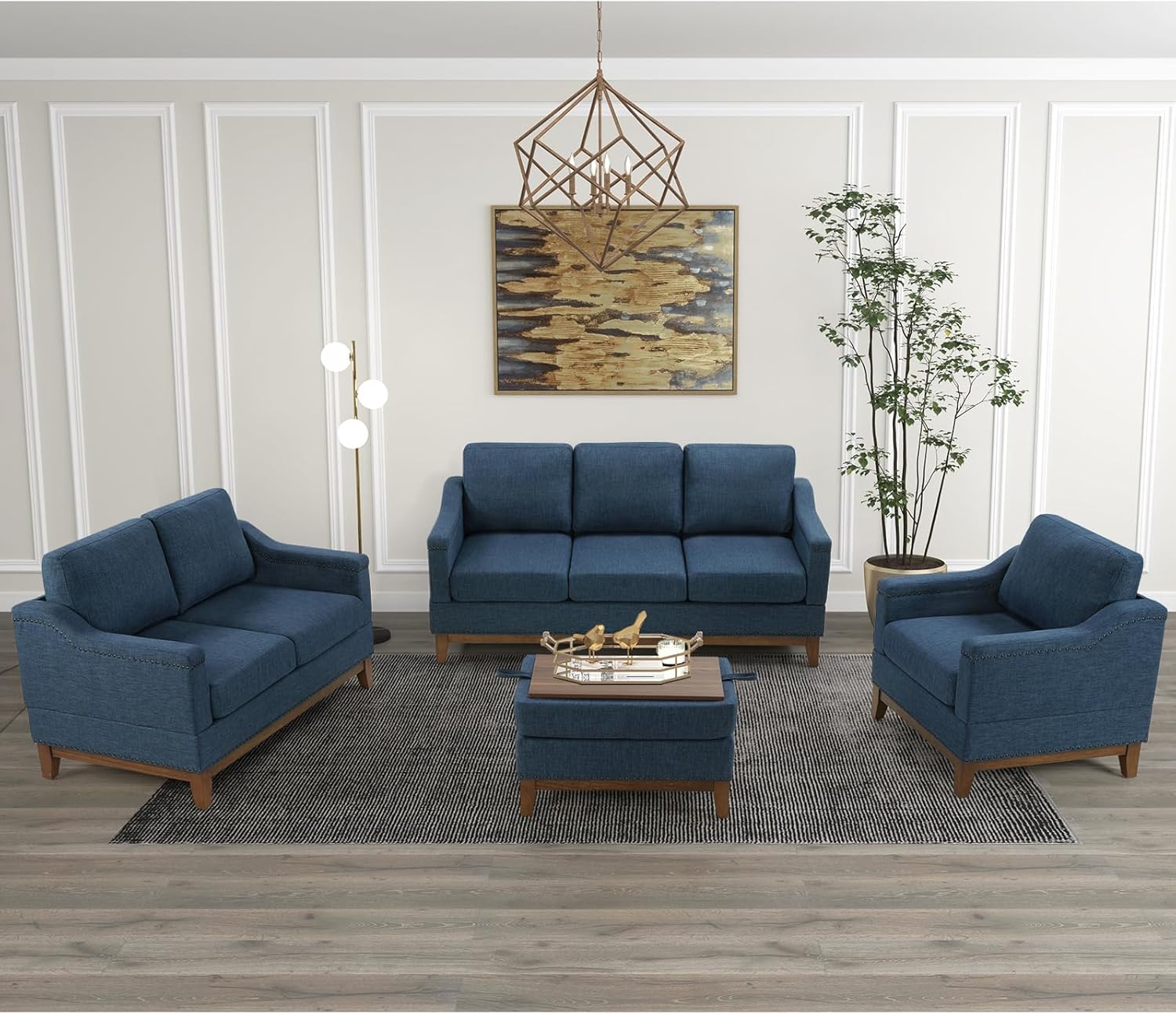 4-Piece Living Room Sofa Set with Coffee Table, Vintage Rivet Couch Sets with Solid Wood Legs, Chenille Sofas Furniture of Ottoman with Storage Space, Armchair, Loveseat and 3-Seat Sofa