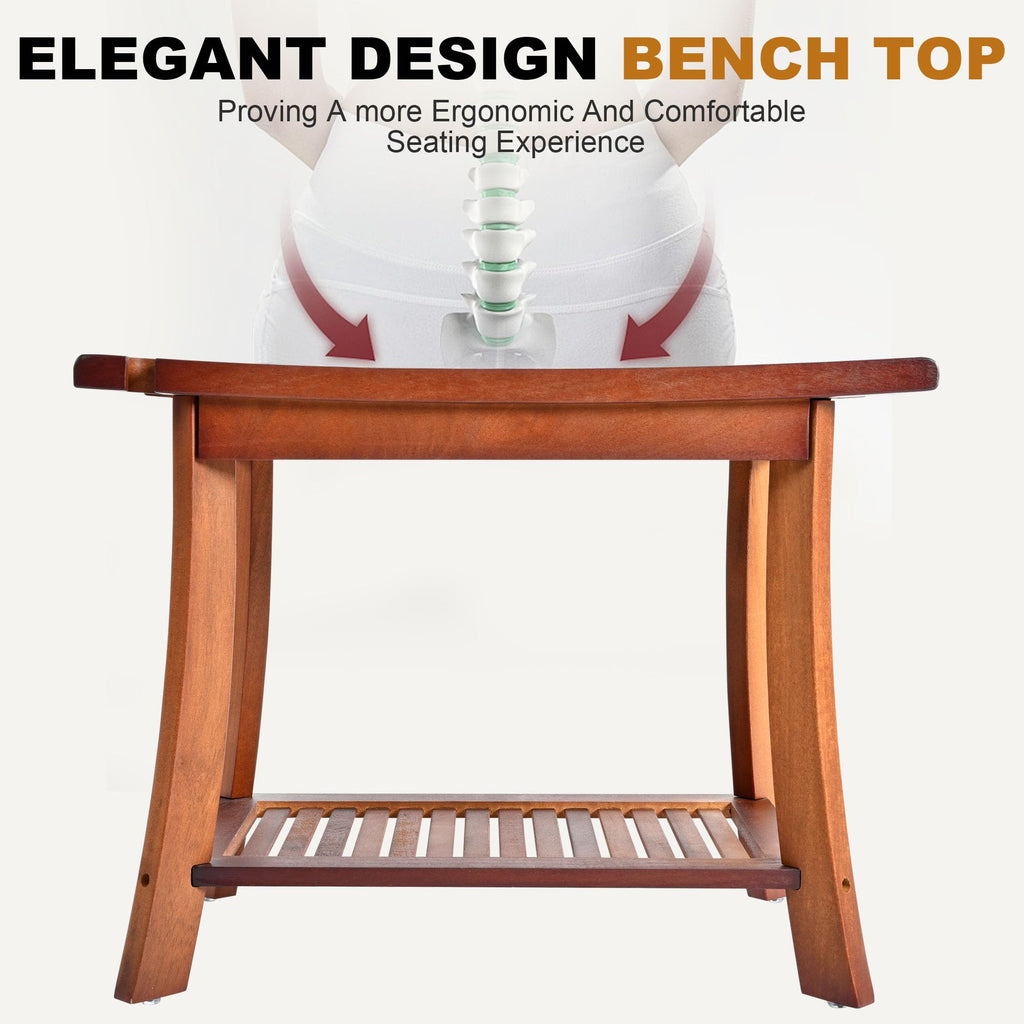 Jekruiet Teak Shower Chair Stool, 24 Inch Shower Bench Seat, Wooden Bathroom Bench with Storage Shelf for Adults, Elderly, Disabled Indoor & Outdoor Use