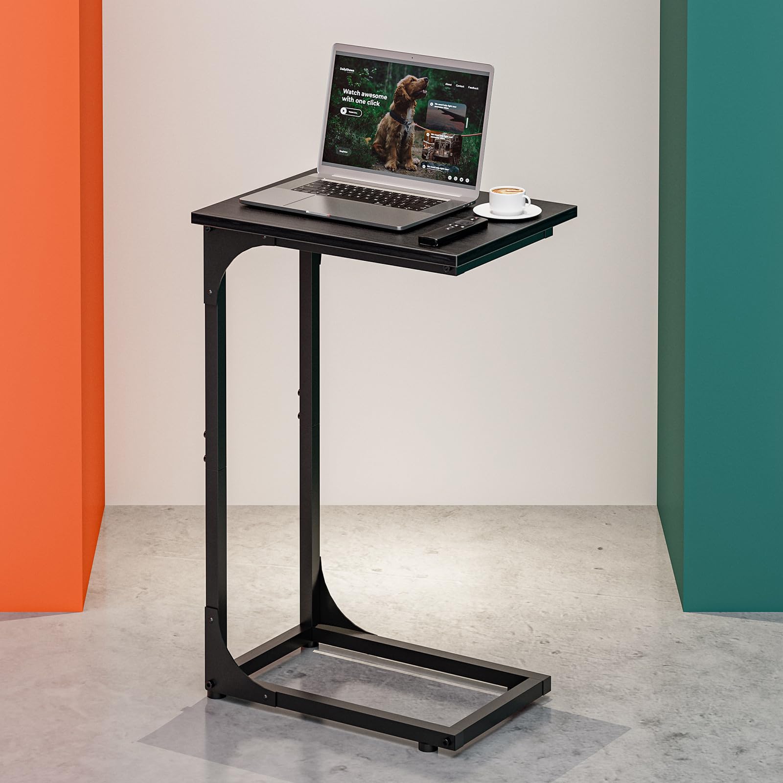 C-Shaped Side Table for Couch - Small Coffee Stand Sofa Tray Desk with Metal Frame and Waterproof Scratch Resistant, Modern End Accent for Living Room, Bedroom, Small Spaces, Rustic Brown