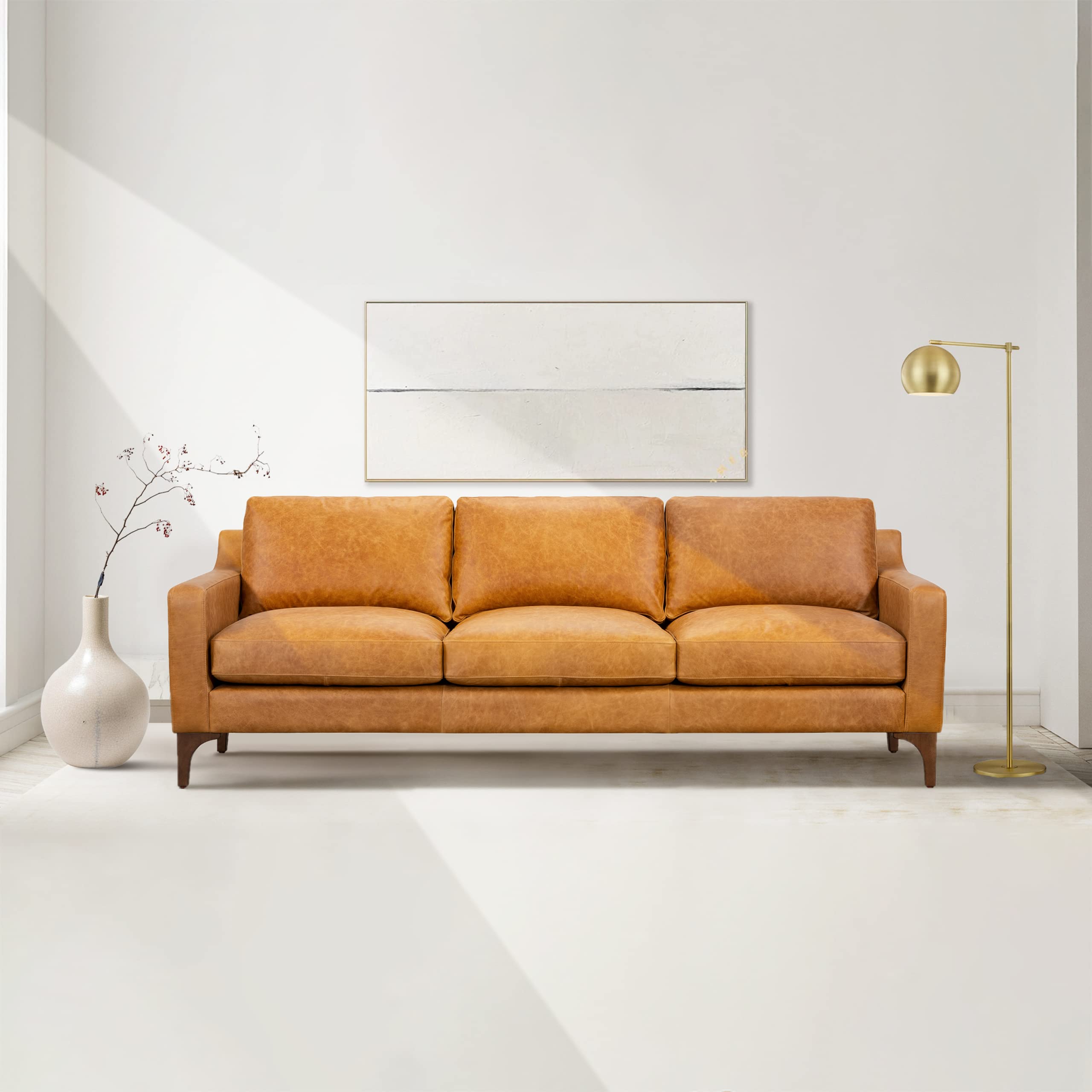 Poly & Bark Lyon Leather Couch - 87.4 Inch Sofa - Full-Grain Leather Sofa for Living Room with Feather-Down Topper - Living Room Couch - Vintage Italian Leather in Cognac Tan