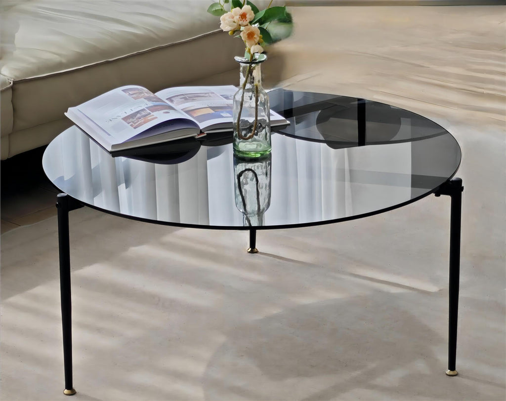 Round Tempered Glass Table 31.5 inch Large Circle Top Metal Frame Brown