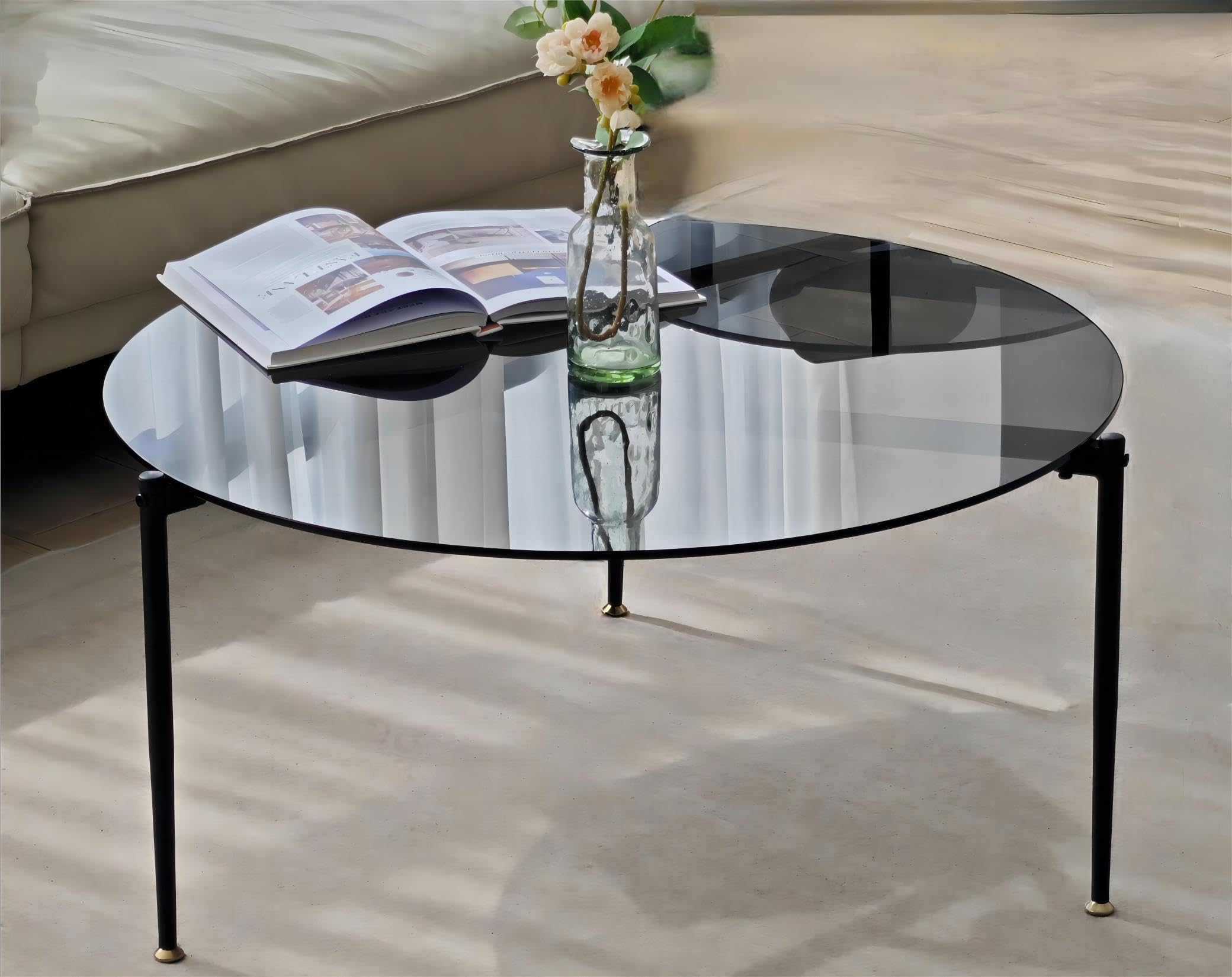 Round Tempered Glass Table 31.5 inch Large Circle Top Metal Frame Brown