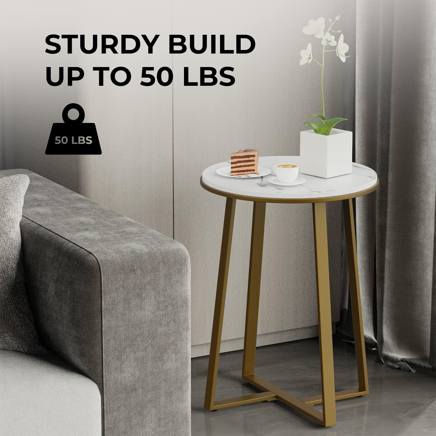 Round End Tables, Small Side Table White Marble Texture MDF Top,Metal Frame Gold Color, Tall End Table for Bed Room,Coffee Tea End Table for Living Room (White Marble+Gold)