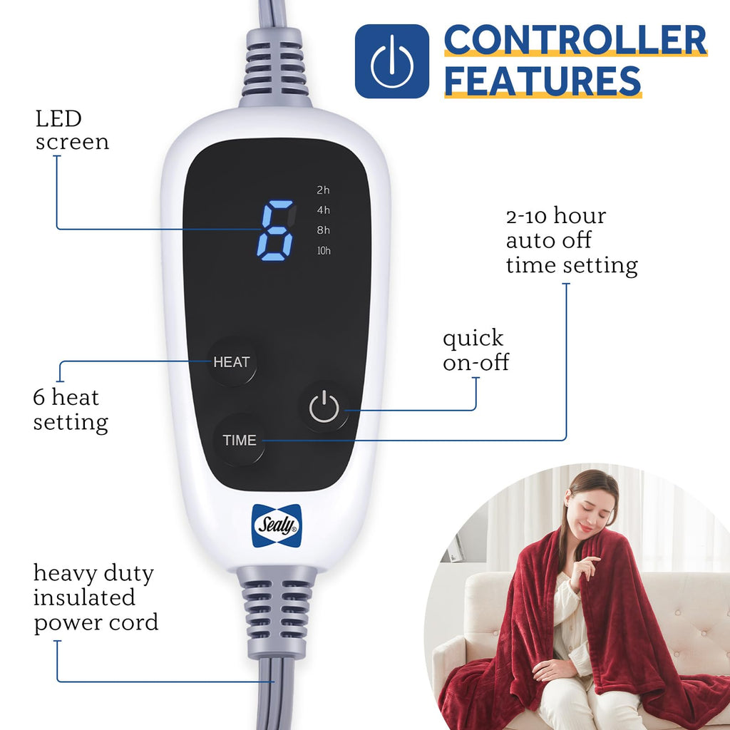 SEALY Electric Blanket Throw, Flannel Heated Blanket with 6 Heat Settings & 2-10 Hours Auto Shut Off, Fast Heating & Machine Washable for Home Office Use, 50x60 Inch, Light Grey