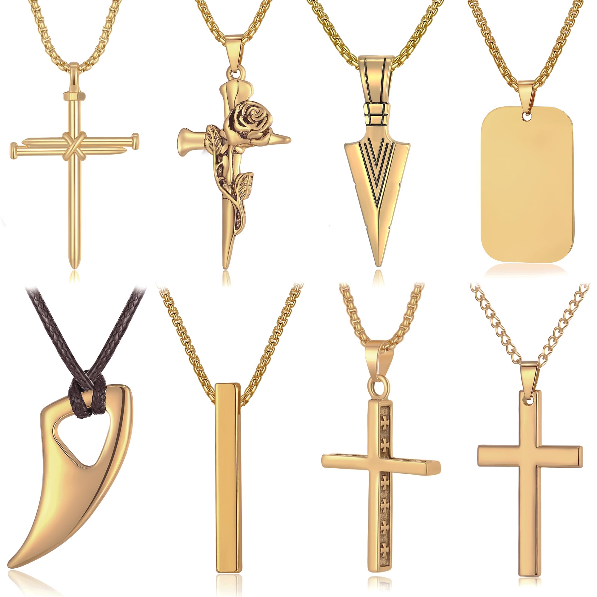 MAIBAOTA 8 Pcs Necklace for Men, Mens Necklaces Jewelry Set, Black and Silver Stainless Steel Necklace, Cross Pendant Necklace, 16-24 inches Chain