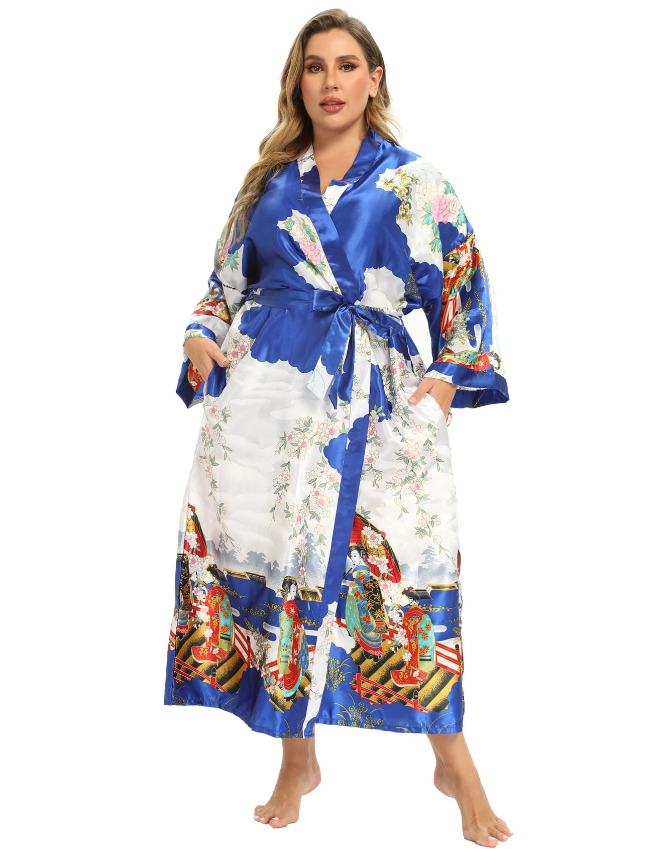 Women's Floral Long Satin Robes Plus Size Long Silk Robes Peacock Floral Kimonos Sleepwear Dressing Gown