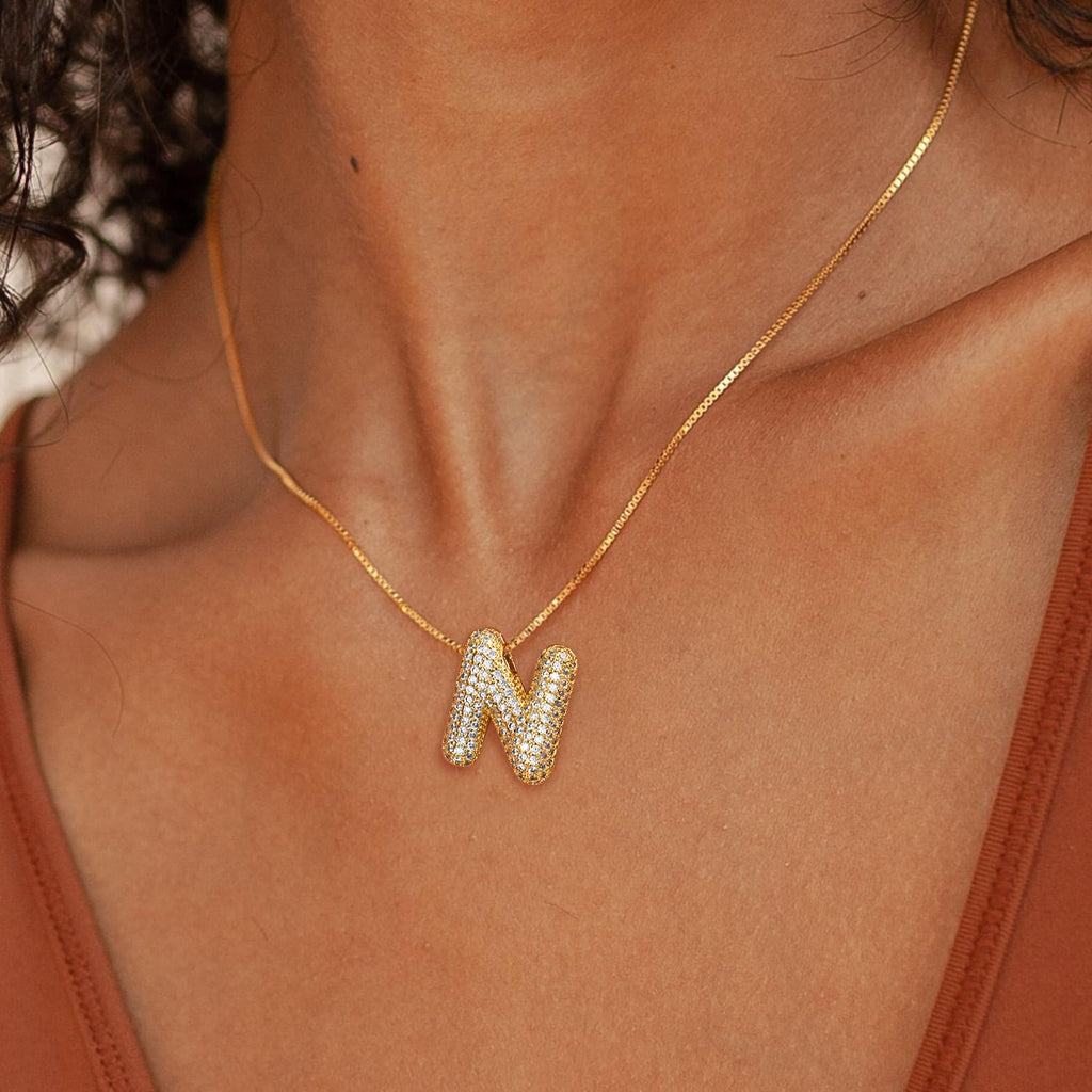 UHIBROS Bubble Letter Necklace, Gold Balloon Initial Necklaces for Women, Cubic Zirconia Dainty Charm Alphabet Pendant, 18K Gold Plated Custom Name Choker, Trendy Puffy Personalized Jewelry