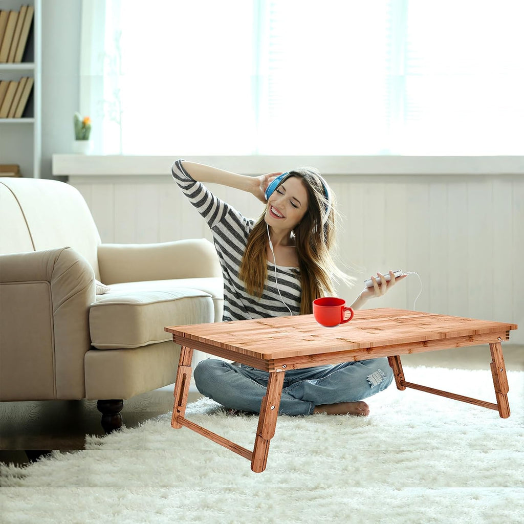 Floor Table Tray with Folding Legs Adjustable Low Coffee Table for Sitting on Floor Bamboo,Fully Assembled,33.5x17.7in