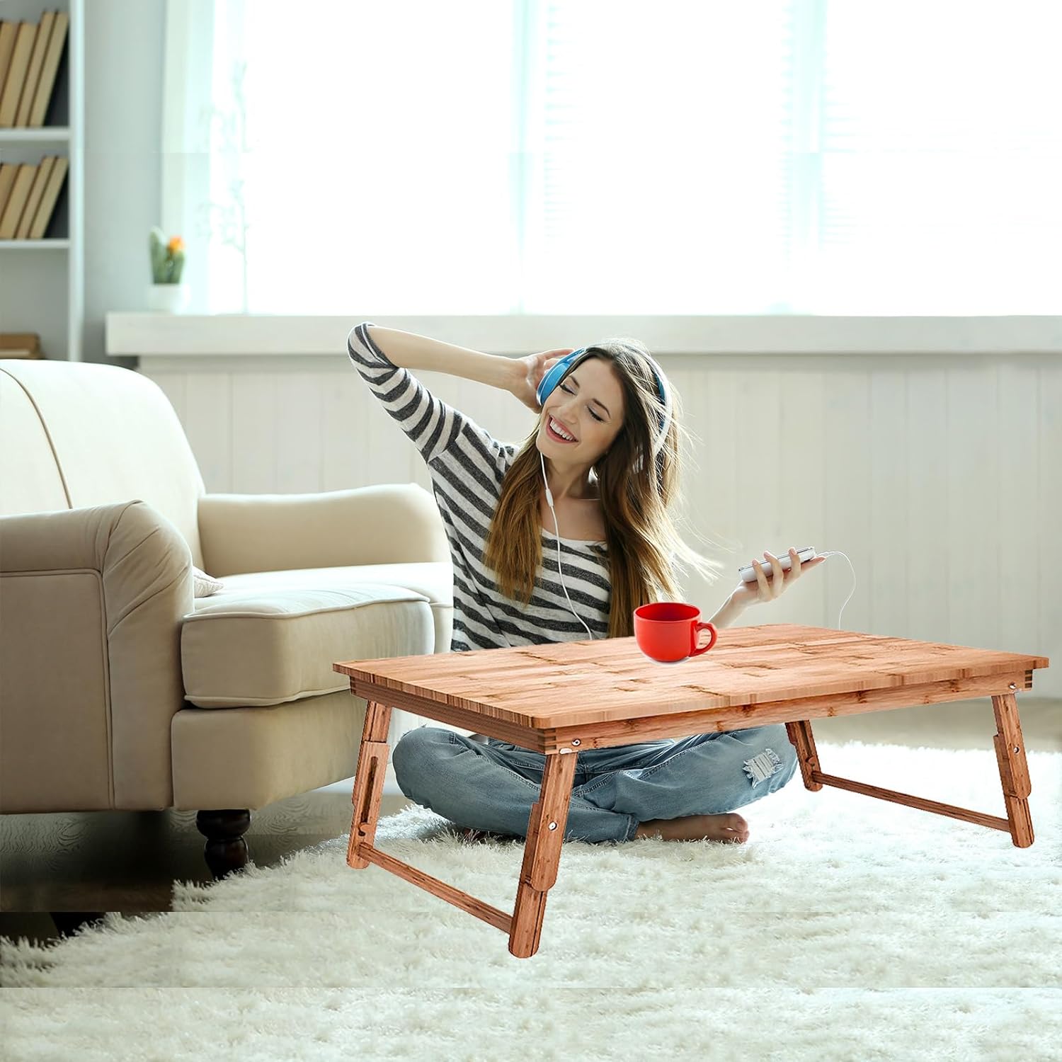 Floor Table Tray with Folding Legs Adjustable Low Coffee Table for Sitting on Floor Bamboo,Fully Assembled,33.5x17.7in