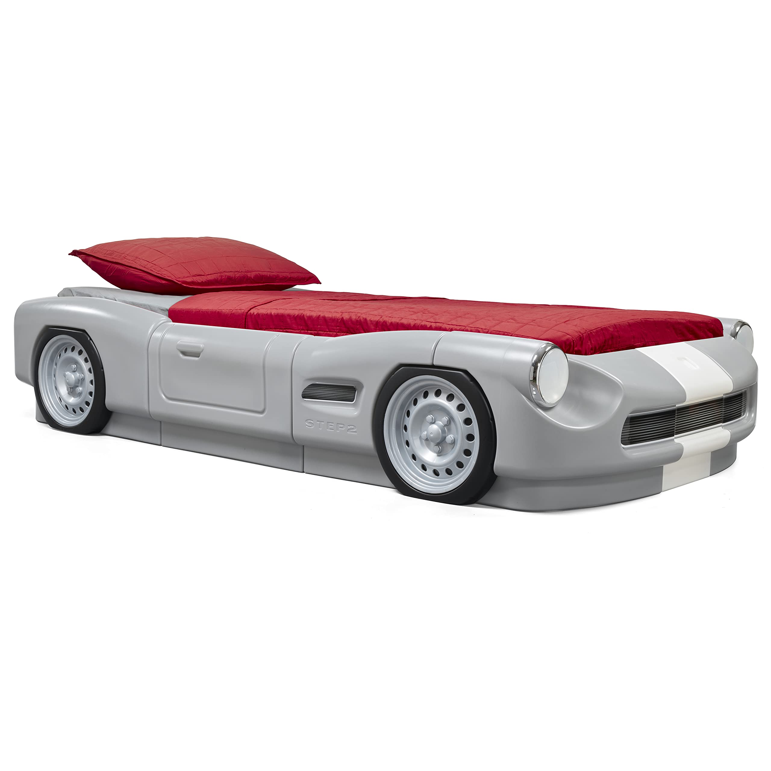 Lit Roadster Step2 pour tout-petits à lit jumeau, lit voiture de course de transition pour garçons et filles, réglable, fabriqué en plastique durable, pour tout-petits de plus de 3 ans, gris