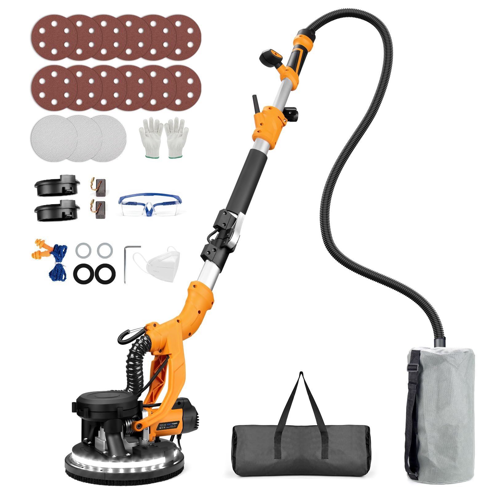 Drywall Sander, 1000W Popcorn Ceiling Removal Tool, Automatic Drywall Sander with Vacuum Dust Collection, LED Light, 6 Variable Speed 800-2200RPM,15Pcs Sanding Discs, Foldable & Extendable Handle