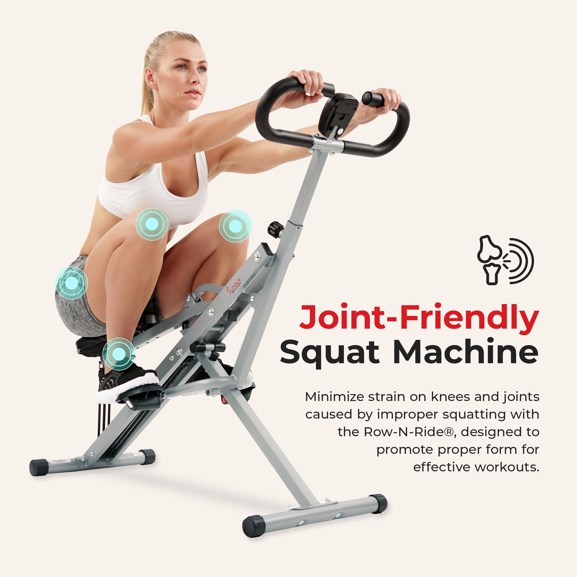 Sunny Health & Fitness Smart Upright Row-N-Ride Exerciser, Squat Assist Trainer for Glutes Workout with Adjustable Resistance, Easy Setup & Foldable, Glute & Leg Exercise Machine- NO. 077S