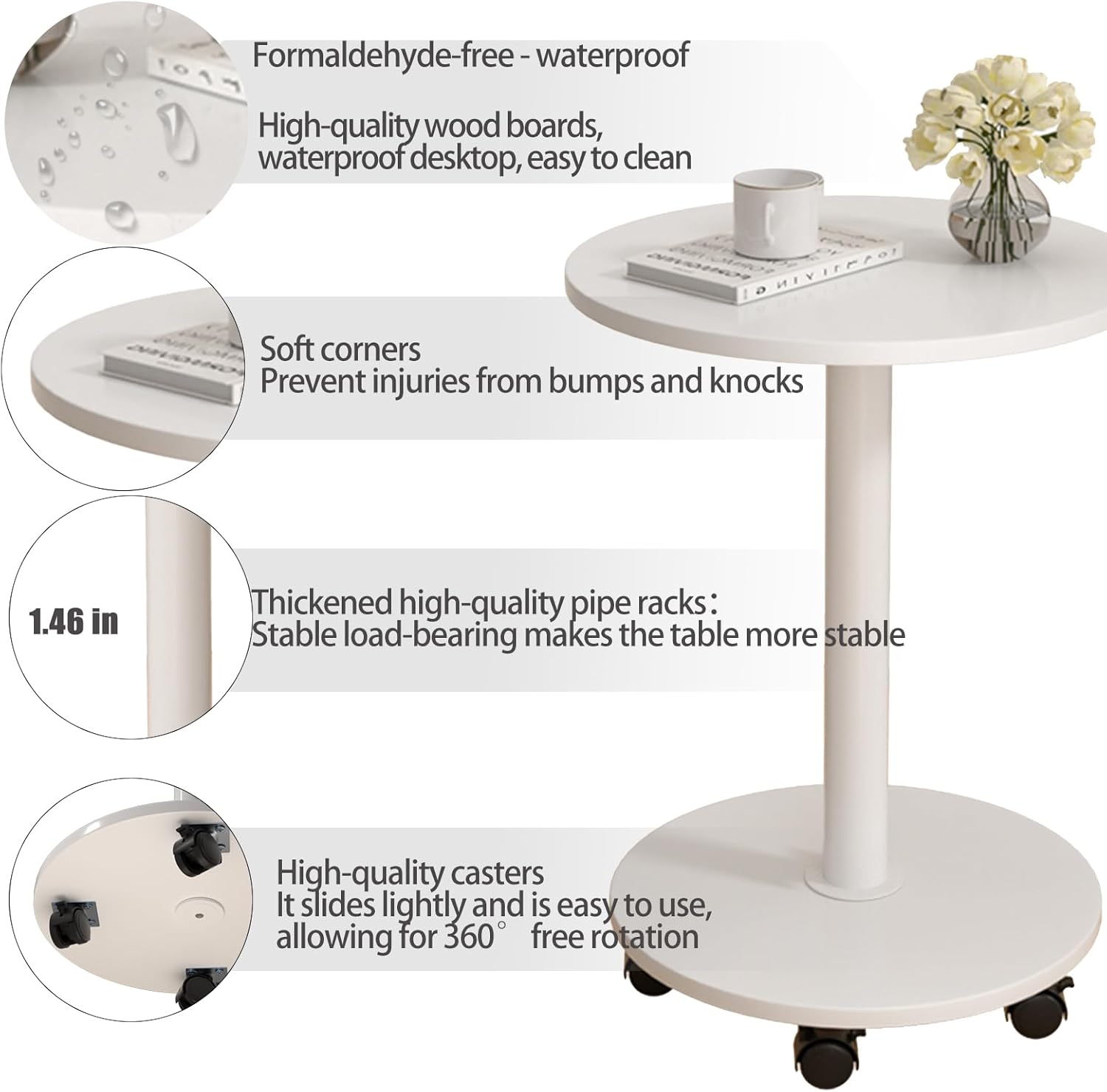 Pedestal Side Table Round with Wheel, Rotating Couch Tables That Slide Under, Small Side Table for Living Room and Bedroom Sofas, Beds, Mini Coffee Tables, (H) 22.4 *(W) 11.8 (Assembly Required)