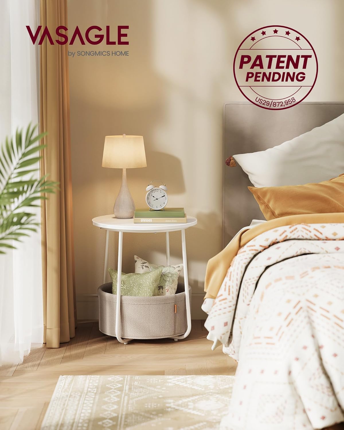VASAGLE Small Round Side End Table, Modern Nightstand with Fabric Basket, Matte White and Camel Brown ULET223W10