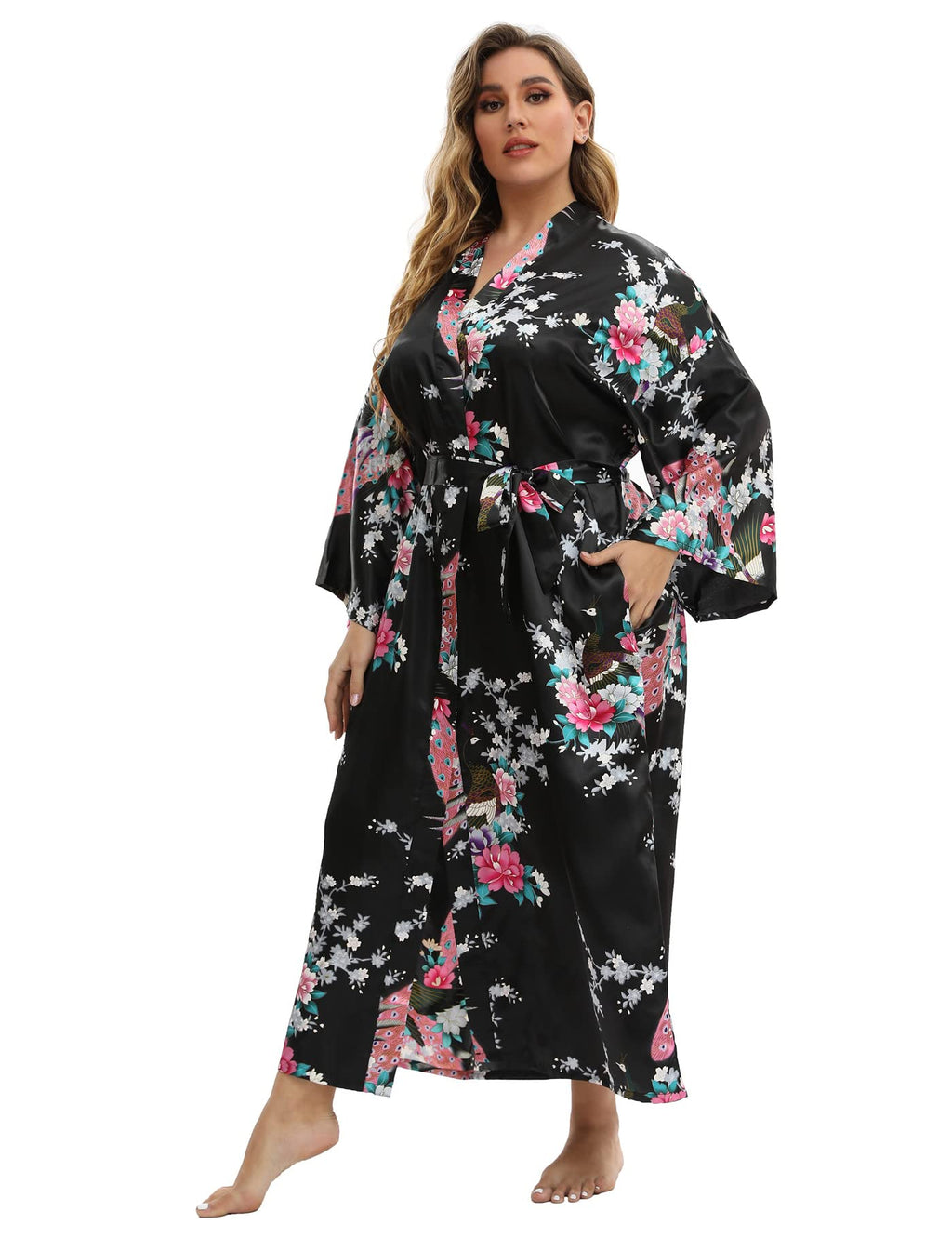 Women's Floral Long Satin Robes Plus Size Long Silk Robes Peacock Floral Kimonos Sleepwear Dressing Gown
