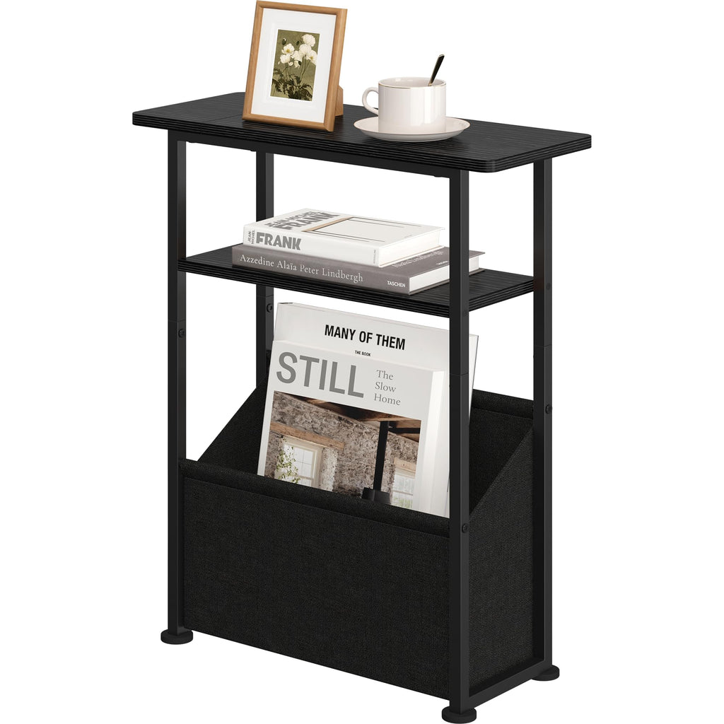 Yusong Small Narrow Side Table for Small Spaces, Slim End Table with Storage Bag, Sofa Snack Table with Adjustable Metal Mesh, 3 Tier Accent Skinny Beside Table for Living Room & Bedroom, Black Oak