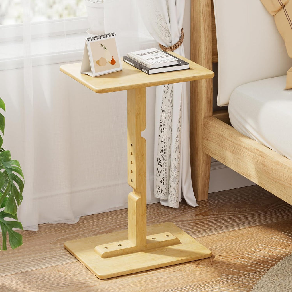 Amazer Bamboo End Table, Height Adjustable Side Table for Couch, Small Drink Table for Small Places, Sofa Tray Table for Living Room, Bedroom Home Office, Natural Color