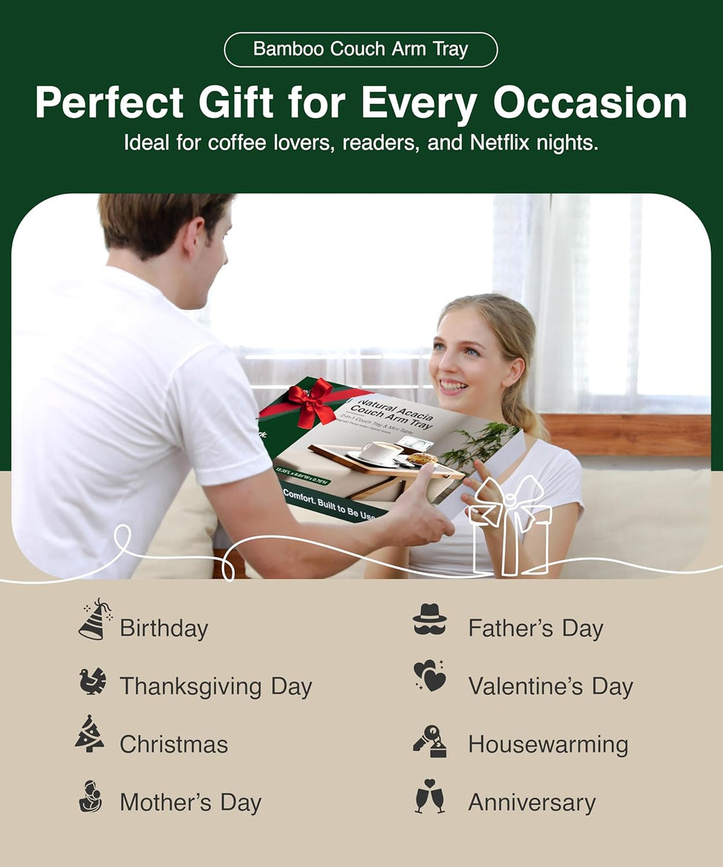 Acacia Couch Arm Tray/Mini Table – 2 in 1 Couch arm Table (15.3” x 9.8” x 4”), Adjustable Legs (up to 8.8”), 360° Rotating Phone Holder, Wire Holder, Non-Slip Mat – Couch Tray to Keep Snacks, Coffee