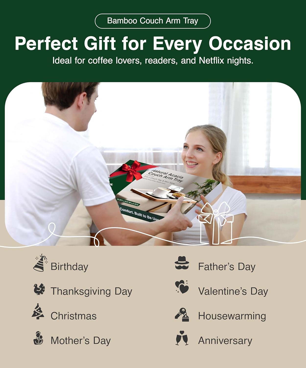 Acacia Couch Arm Tray/Mini Table – 2 in 1 Couch arm Table (15.3” x 9.8” x 4”), Adjustable Legs (up to 8.8”), 360° Rotating Phone Holder, Wire Holder, Non-Slip Mat – Couch Tray to Keep Snacks, Coffee