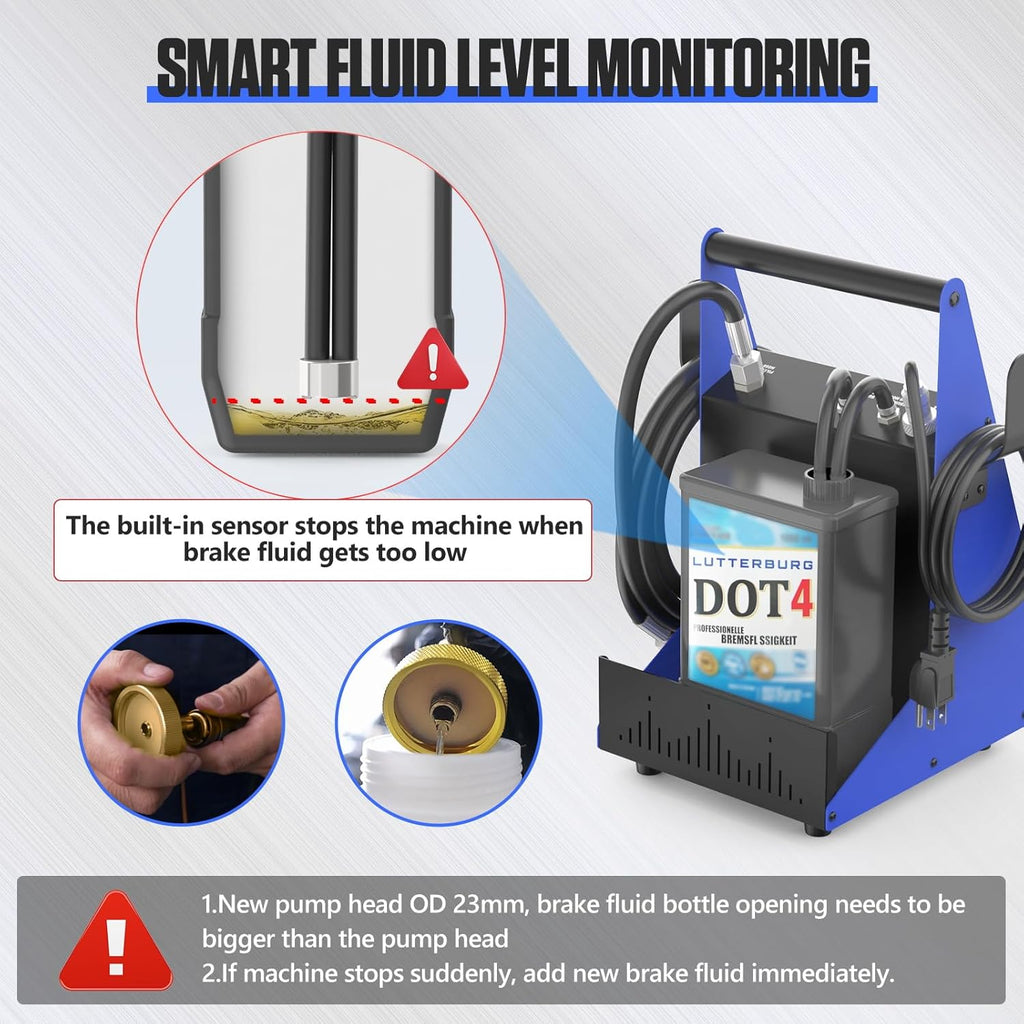 BELEY Brake Bleeder Kit 110V Brake Fluid Bleeder Machine Kit Adjustable 0.7-2.5 Bar Pressure & Flow Microcontroller System for Single User Includes 52MM Master Cylinder Adapter & Oil Bottle