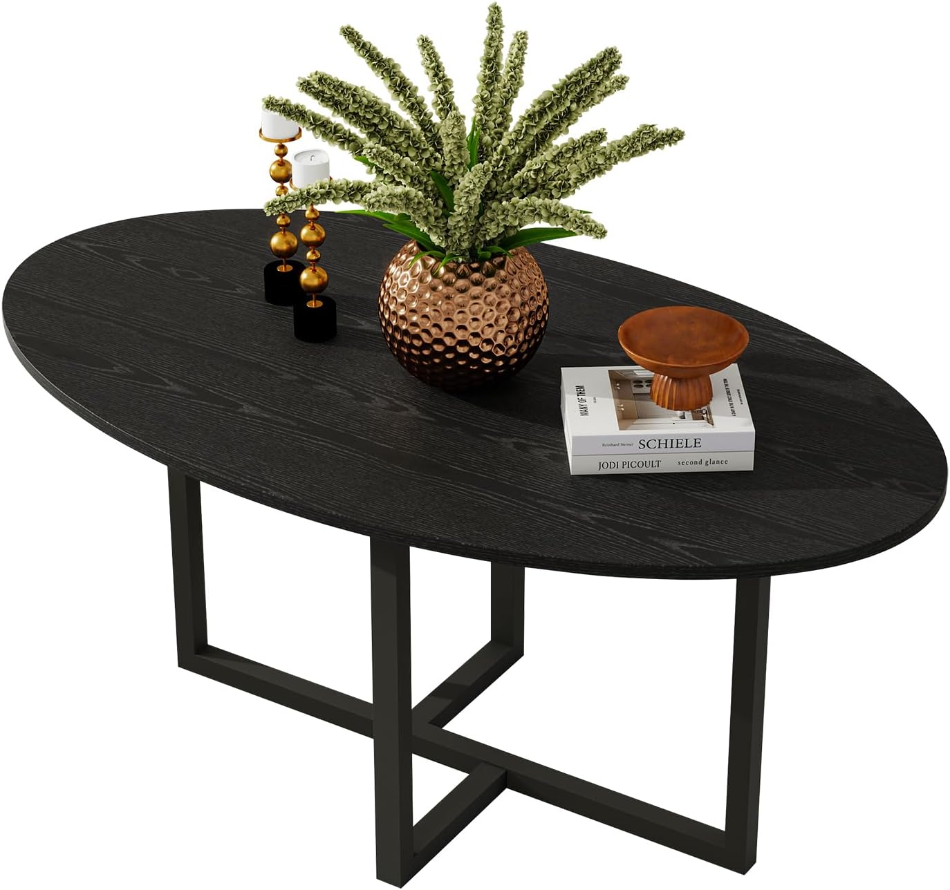 Oval Coffee Table for Living Room, Center Table Tea Table with Metal Frame for Living Room Home Office, Small Space, Easy Assembly, Black
