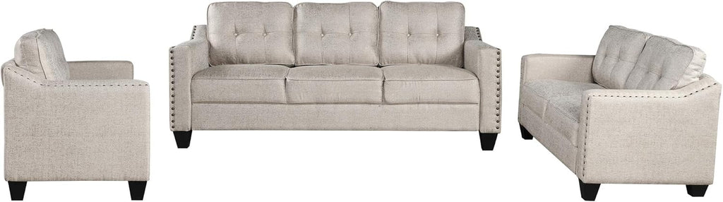 3 Pieses Mid-Century Modern Sofa Sets Linen Fabric Tufted Back Include 3 Seaters Couch, Loveseat and Armchair with Rivets Rivets for Home Apartment Office Living Room Furniture Sets