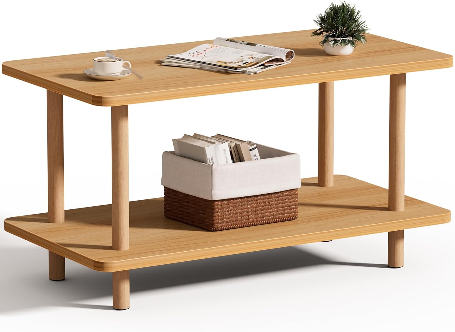 2 Tier Coffee Table Low Table with Solid Wood Legs, Japanese Coffee Table for living Room, Side Table Sofa Table, Floor Table Desk for Sitting on The Floor, Storage Shelf Furniture for Office, Natural