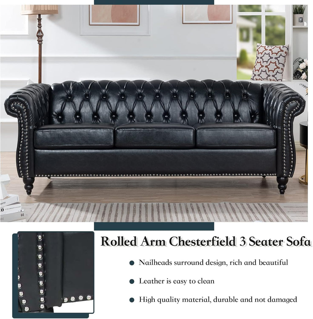 Chesterfield PU Leather Sofa, Upholstered PU Sofa with Tufted Back, Classic 3 Seater Leather Couch Rolled Arm for Living Room Office, Black