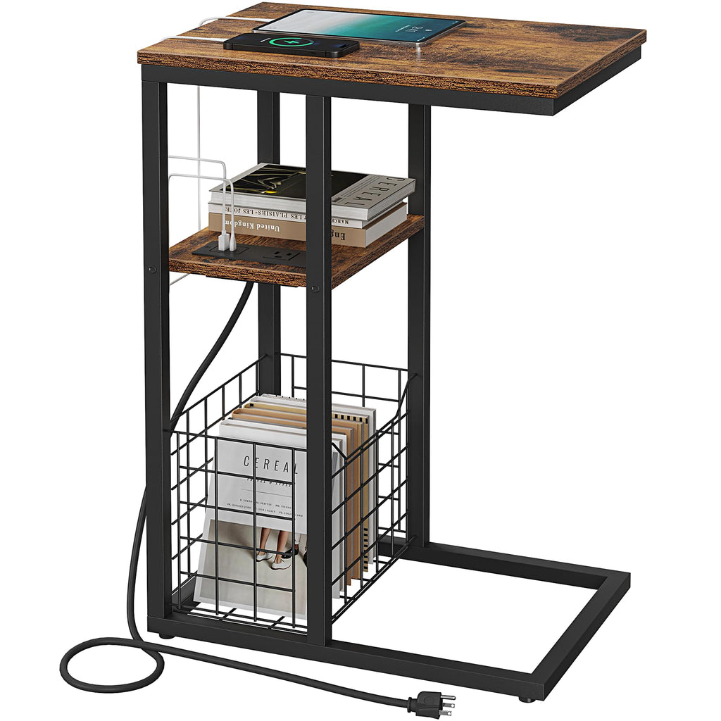 Vagusicc C Shaped End Table with Charging Station, Side Table for Couch, Small Side End Table for Small Spaces, 28" High Slide Under Sofa Table for Coffee, Tv Tray Table for Living Room, White