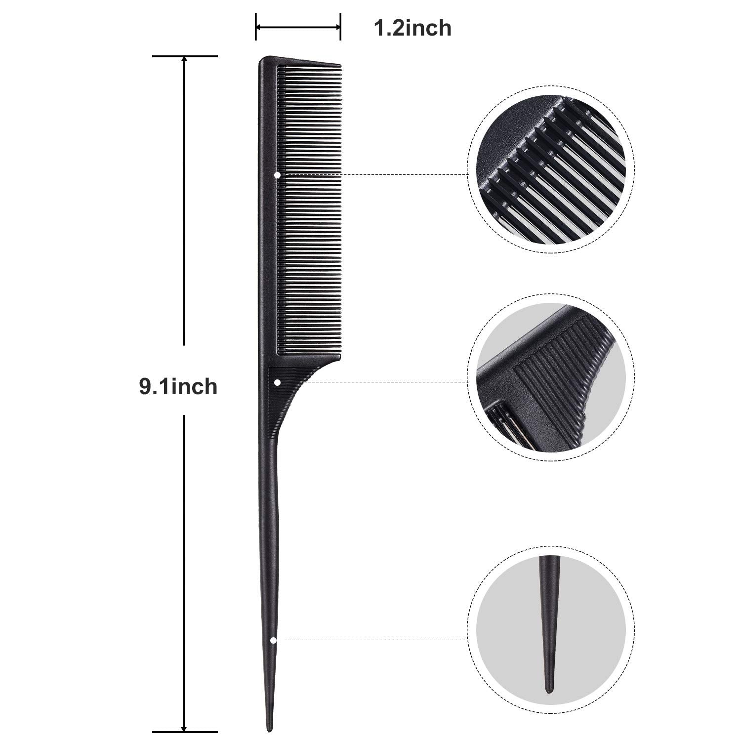Leinuosen 3-pak kulfiber rat tail stylingkam, varmebestandig antistatisk teasing til bagkamning, rodteasing, tilføjer volumen til aftenstyling (sort)