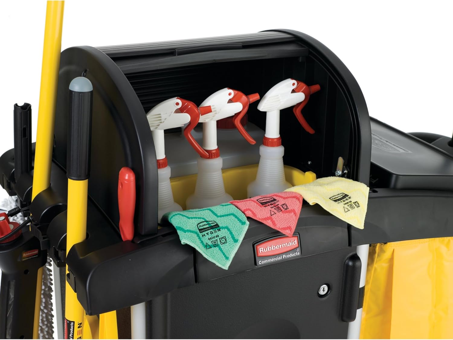 Rubbermaid Commercial High Security Housekeeping Janitorial Cart with Wheels, Yellow Vinyl Bag, Locking Hood and Cabinets for Commercial Facility/Hotel/Stadium/School/Office