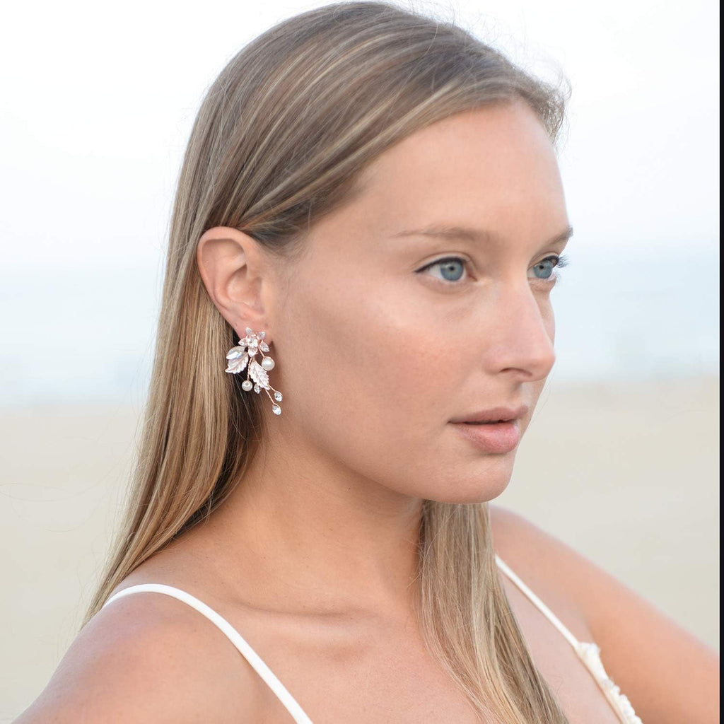 Mariell Bridal and Wedding Rose Gold Handmade Dangle Earrings with Clear Crystal Gems and Ivory Pearls