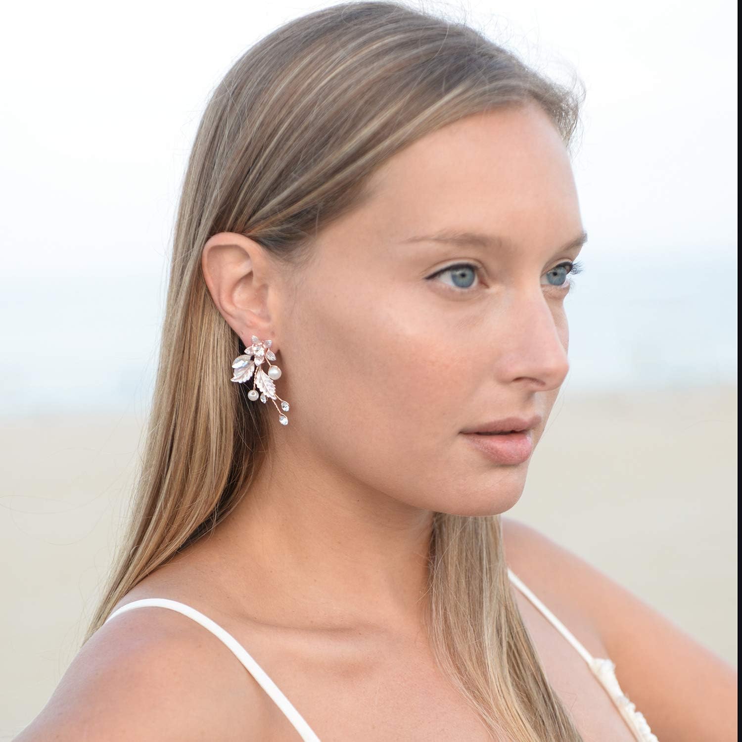 Mariell Bridal and Wedding Rose Gold Handmade Dangle Earrings with Clear Crystal Gems and Ivory Pearls