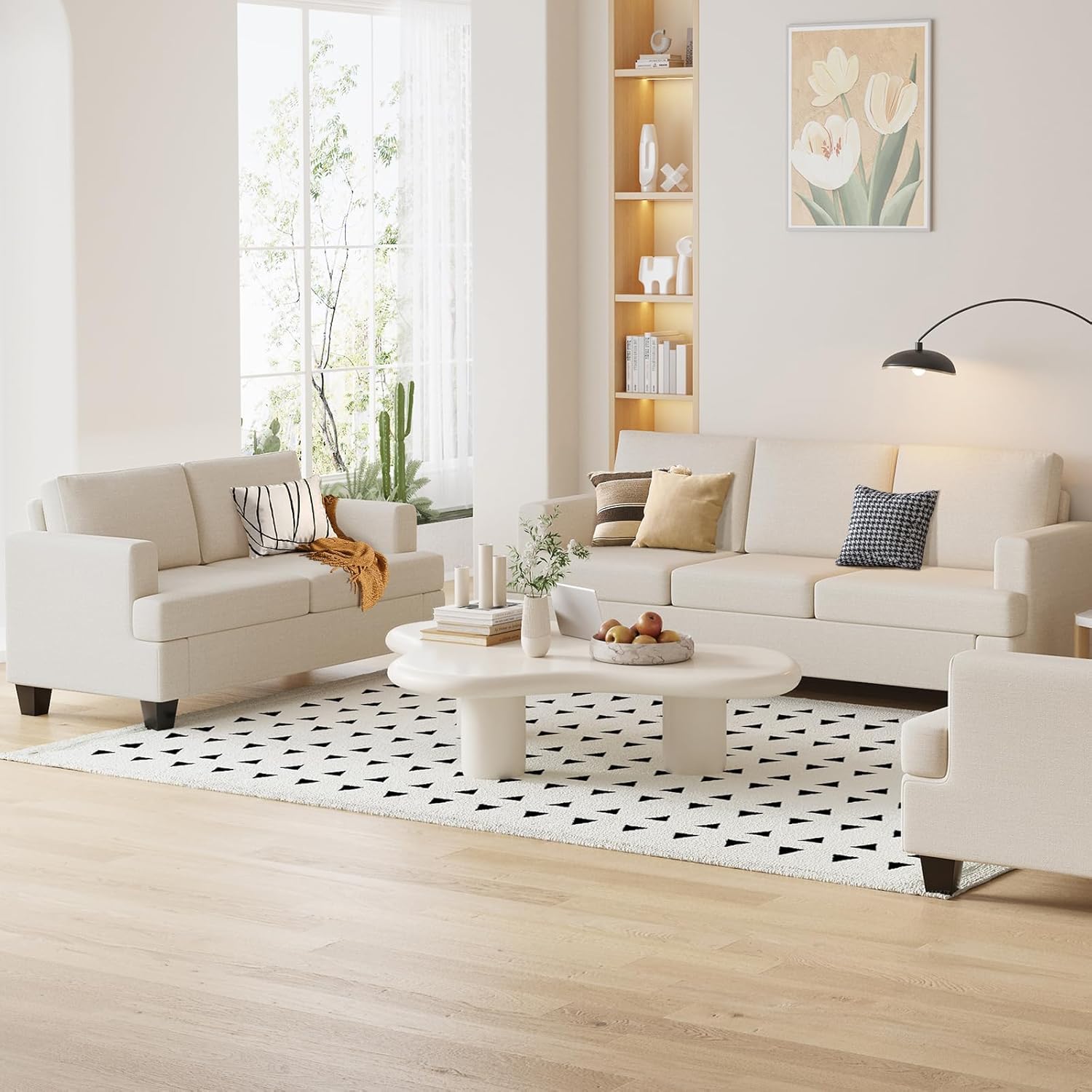 Furnimart Deep Seat Sectional Sofa Set, Modern 3 Seater Couch and Loveseat Sets, Cream Couches Set of 2 for Living Room, Comfy Fluffy Couch with Removable Sofa Cover, Beige Linen