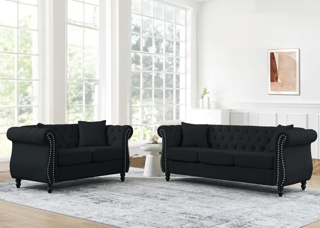 Chesterfield Sofa Couch,80" Button Tufted Velvet Sofa with Rolled Arms&Nailhead Trim,Comfy 3 Seater Sofa,Oversize Mid Century Modern Couch for Living Room,Bedroom,Apartment,Office(Black)