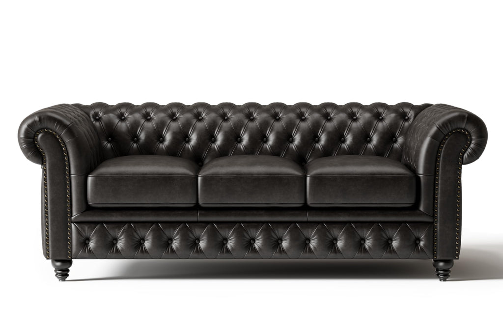 Valencia Parma Chesterfield 3 Seater Sofa 82" | Premium Full-Aniline Leather | Mid-Century Leather Couch with Classic Button Tufted Back, Wood Legs for Living Room, Chocolate